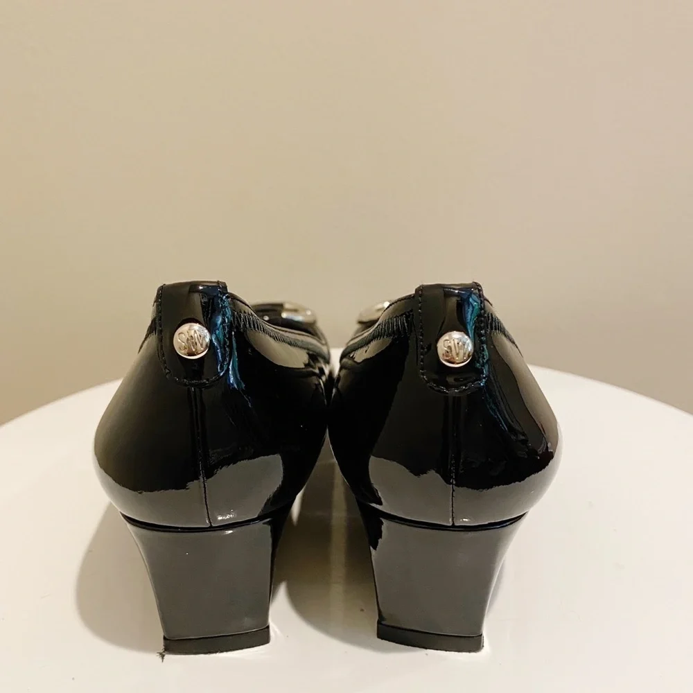 Stuart Weitzman Black Patent Buckle Wedge‎ Heels 9